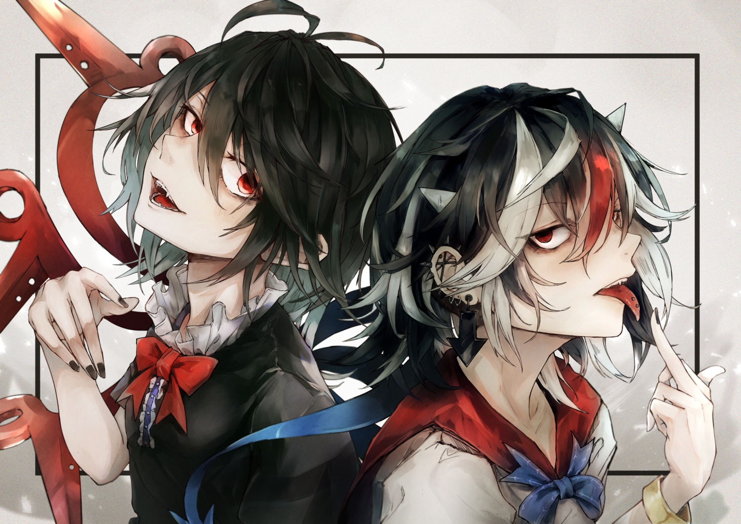 black_hair, close, fang, horns, houjuu_nue, kijin_seija, red_eyes, safutsuguon