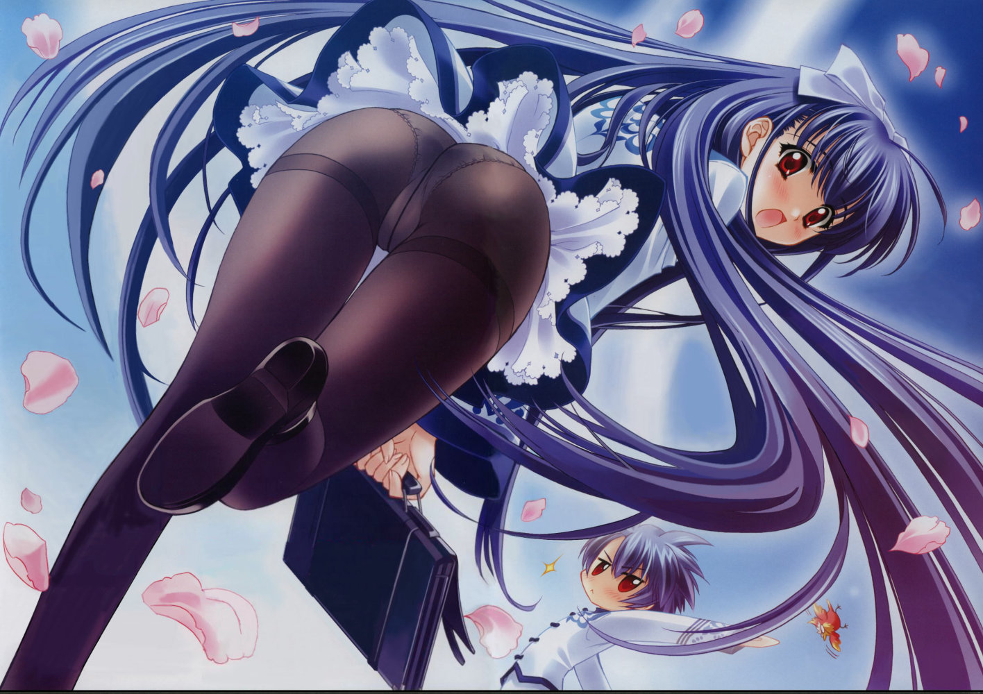 blue_hair, carnelian, kamiazuma_touka, kawakabe_momoka, long_hair, panties, pantyhose, red_eyes, ribbons, skirt, touka_gettan, underwear, upskirt