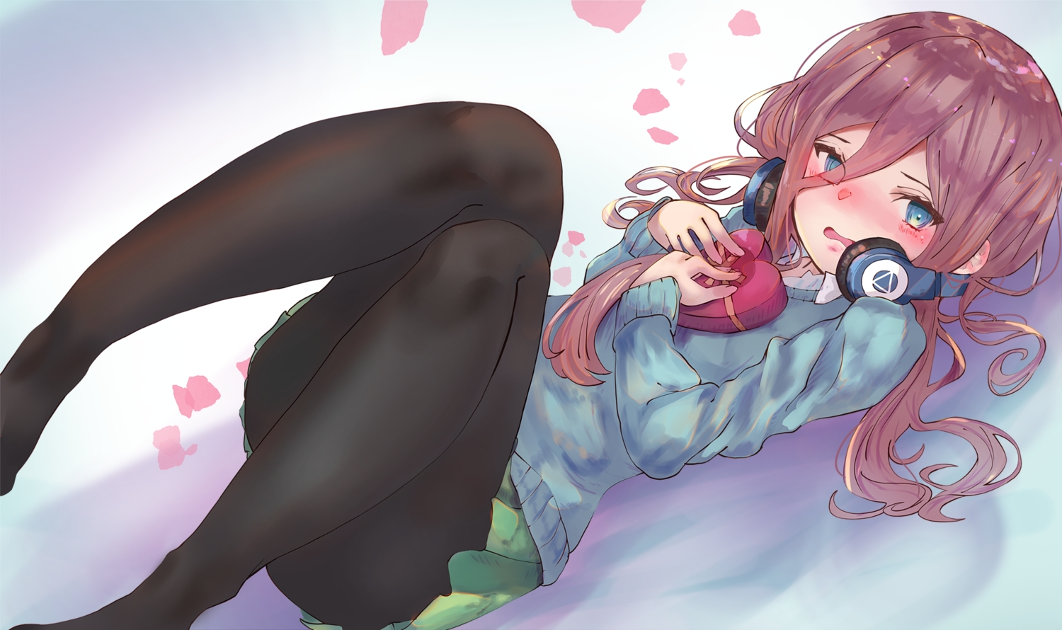blue_eyes, blush, brown_hair, go-toubun_no_hanayome, headphones, long_hair, nakano_miku, pantyhose, school_uniform, shin_murasame, skirt, valentine