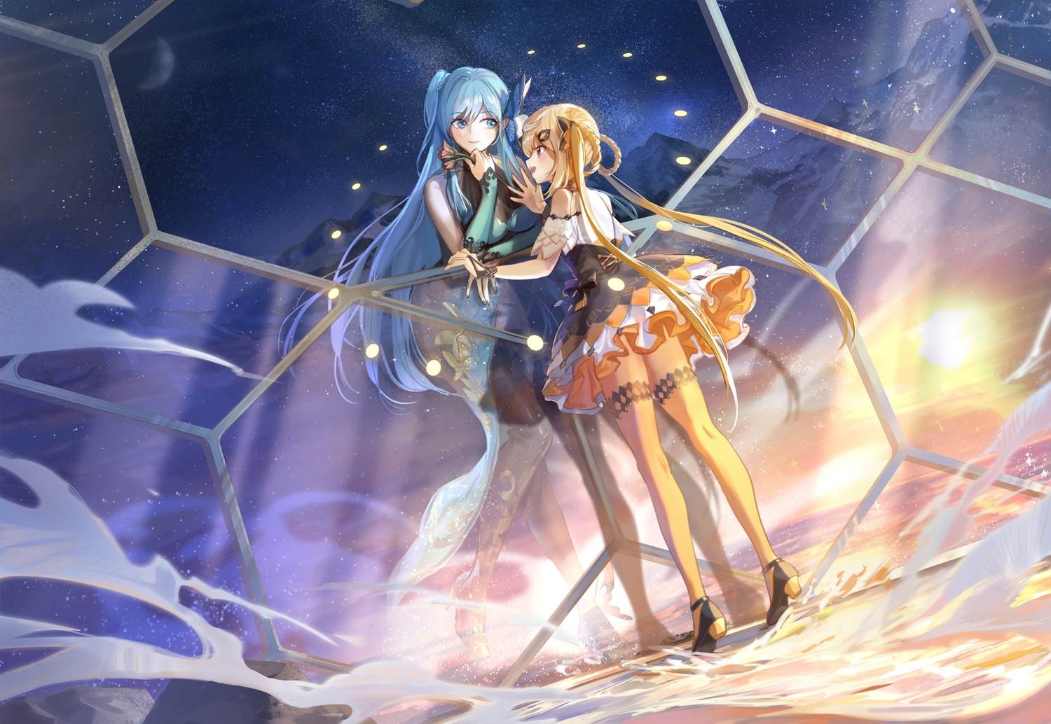 2girls, achyue, aqua_eyes, aqua_hair, blonde_hair, braids, cangqiong, clouds