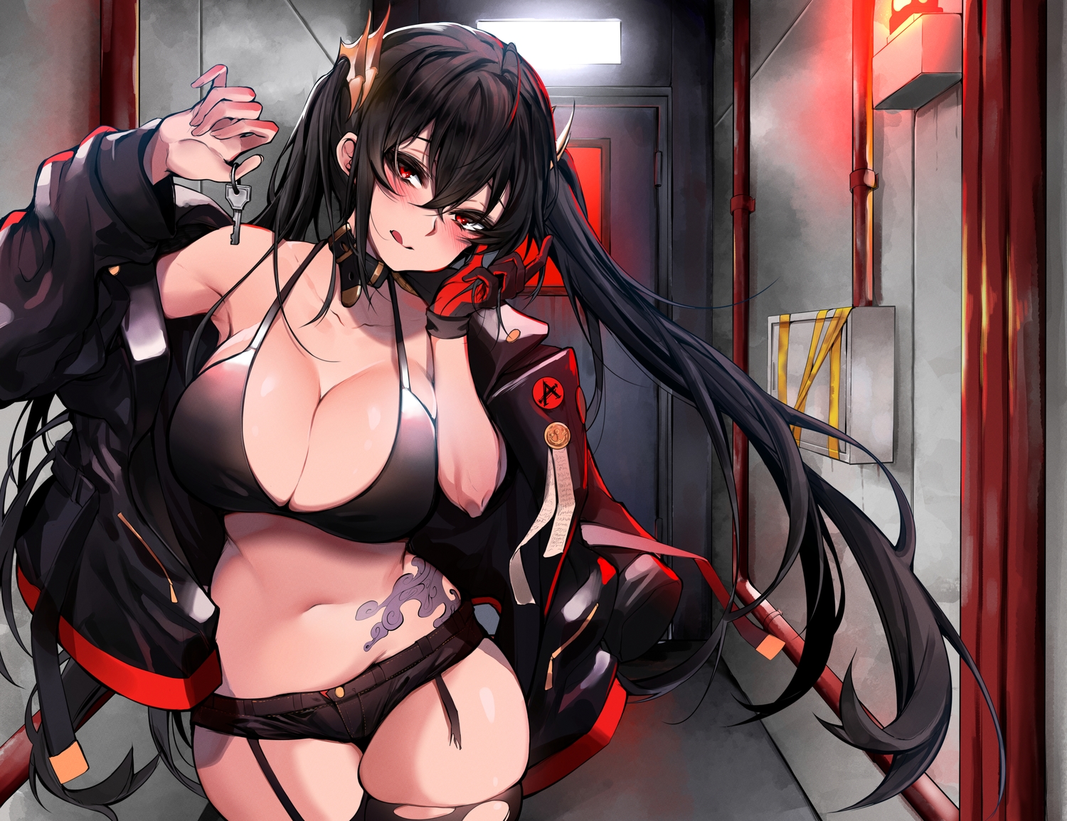 anthropomorphism, azur_lane, bikini_top, black_hair, blush, breasts, chickenvomit, cleavage, collar, garter_belt, gloves, long_hair, navel, open_shirt, red_eyes, shorts, taihou_(azur_lane), tattoo, thighhighs, torn_clothes, twintails, zettai_ryouiki