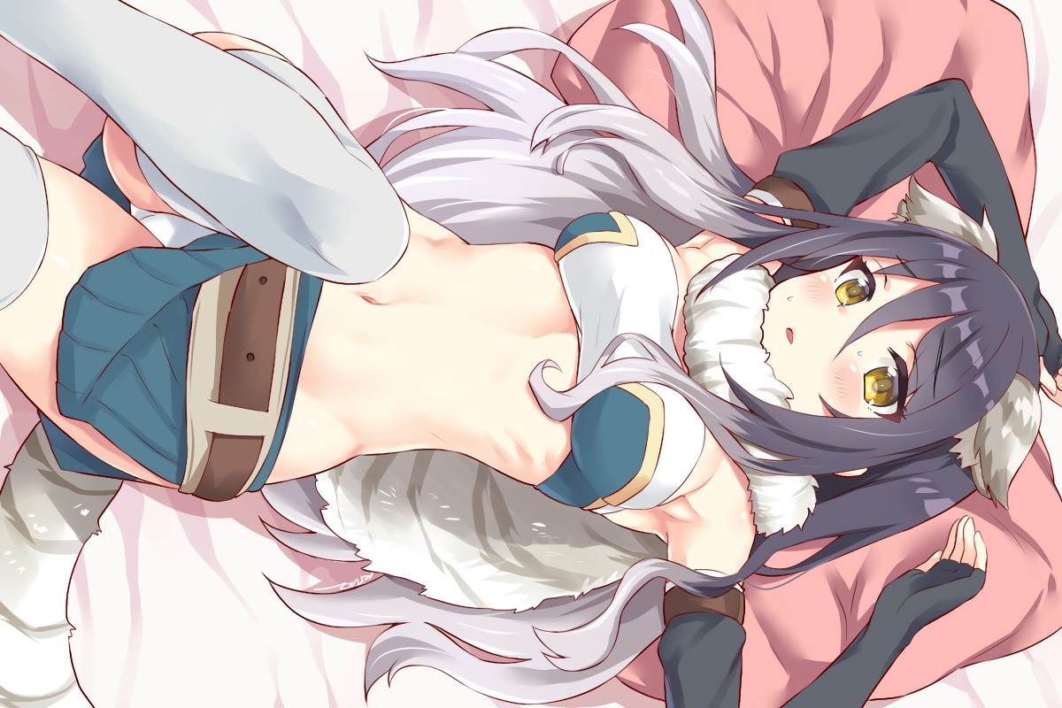 animal_ears, bed, blush, catgirl, elbow_gloves, garter_belt, gloves, kashiwazaki_shiori, long_hair, navel, panties, princess_connect!, purple_hair, ryuki_(ryukisukune), skirt, skirt_lift, tail, underwear, yellow_eyes
