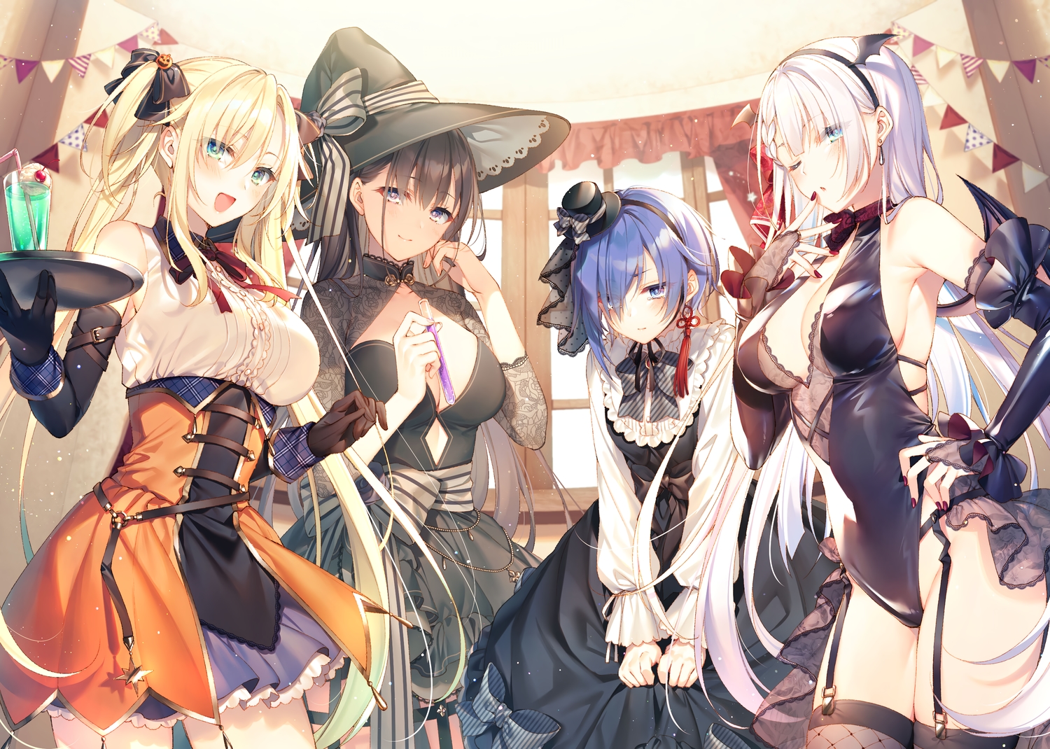 blonde_hair, blue_eyes, blue_hair, blush, bow, brown_hair, dress, gloves, goth-loli, green_eyes, group, hat, lolita_fashion, long_hair, lyseria_christaria, seiken_gakuin_no_maken_tsukai, short_hair, stockings, tagme_(character), toosaka_asagi, twintails, white_hair, wink, witch, witch_hat
