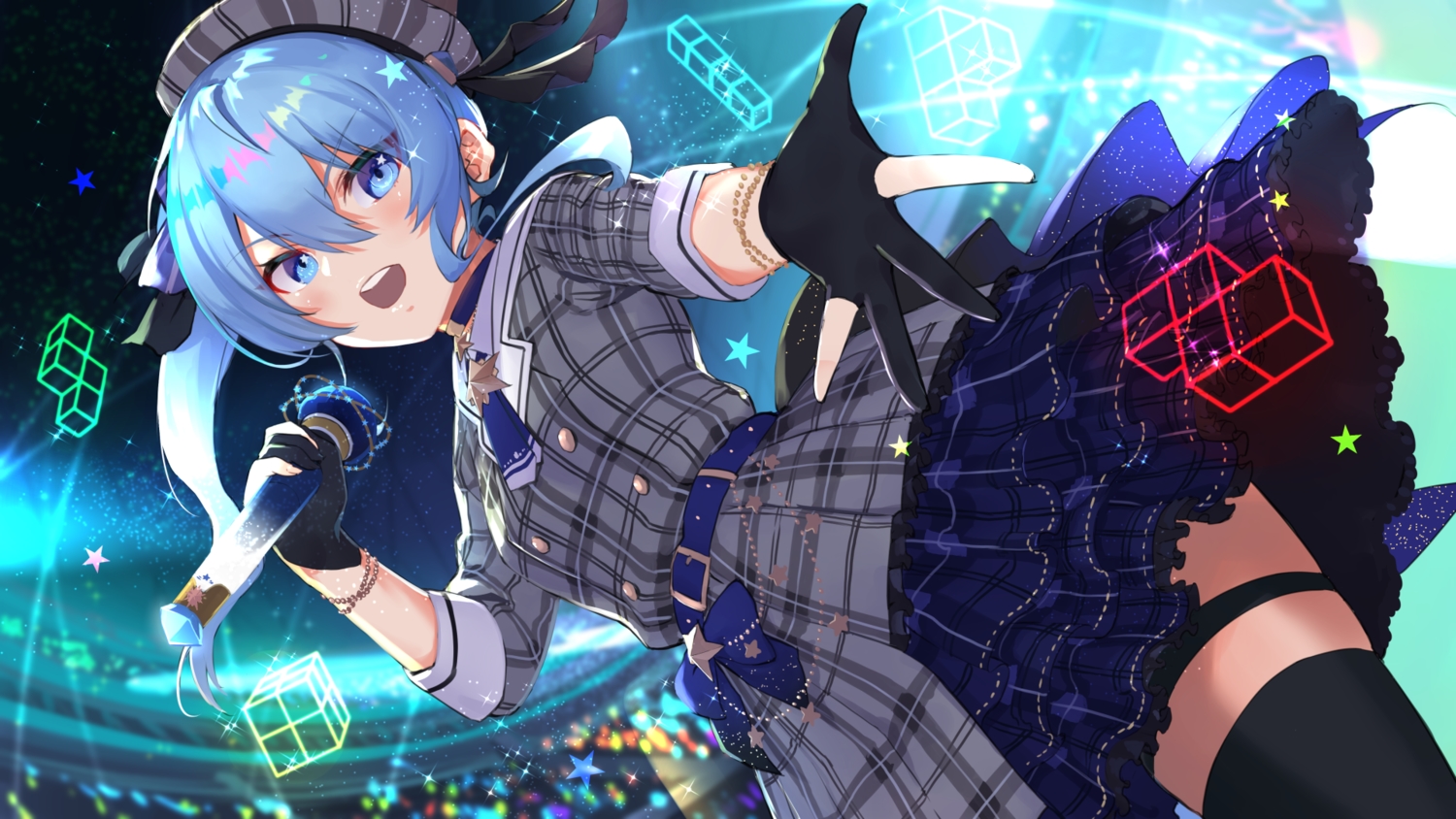 aqua_eyes, aqua_hair, blush, dress, garter, gloves, hololive, hoshimachi_suisei