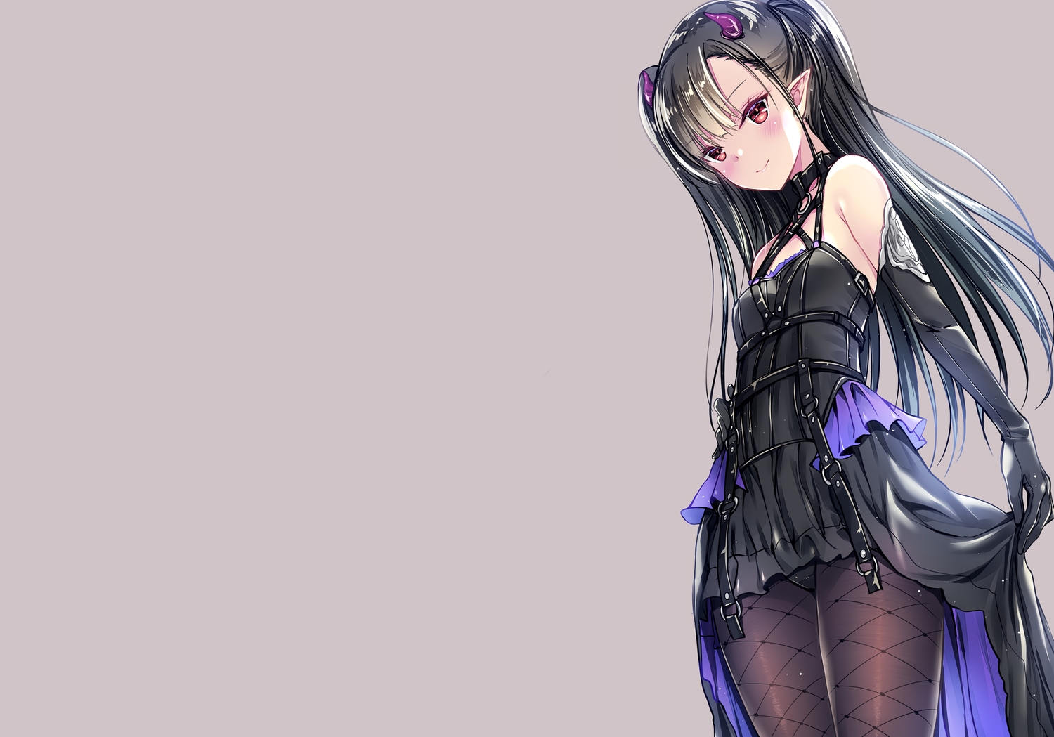 black_hair, blush, cameltoe, demon, dress, elbow_gloves, gloves, gothic