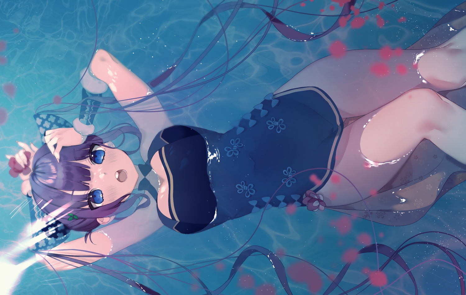 blue_eyes, blush, chinese_clothes, chinese_dress, dress, fate/grand_order, fate_(series), long_hair, myao_(o3o333), purple_hair, twintails, water, yang_guifei_(fate/grand_order)