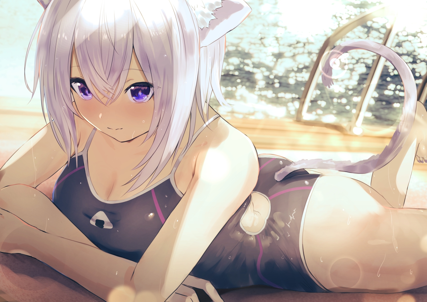animal_ears, ass, blush, catgirl, hololive, misaki_nonaka, nekomata_okayu, purple_eyes