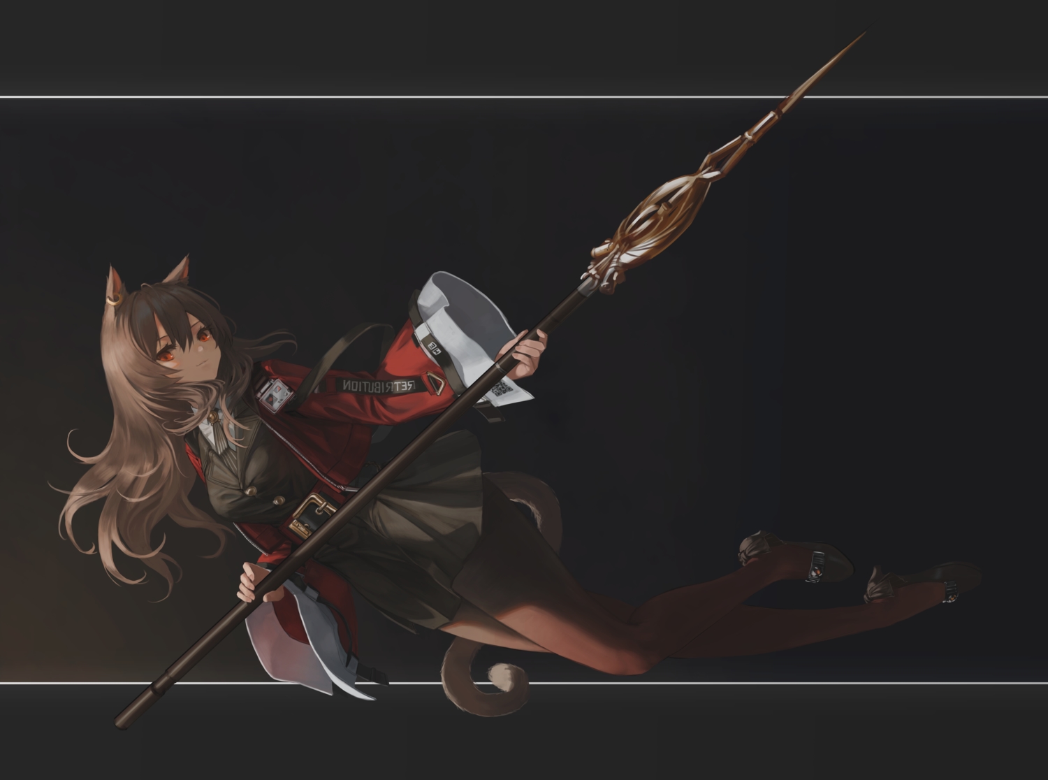 animal_ears, arknights, catgirl, hara_shoutarou, long_hair, pantyhose, red_eyes, skyfire_(arknights)
