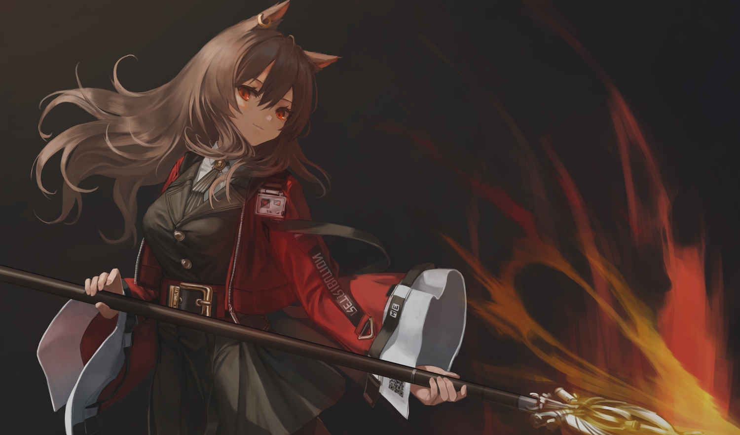 animal_ears, arknights, brown_hair, catgirl, fire, hara_shoutarou, long_hair, magic
