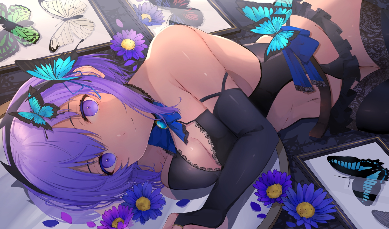 breasts, butterfly, cleavage, dark_skin, elbow_gloves, fate/grand_order, fate_(series), flowers, gloves, hassan_of_serenity, headband, hirakana, navel, purple_eyes, purple_hair, short_hair, thighhighs