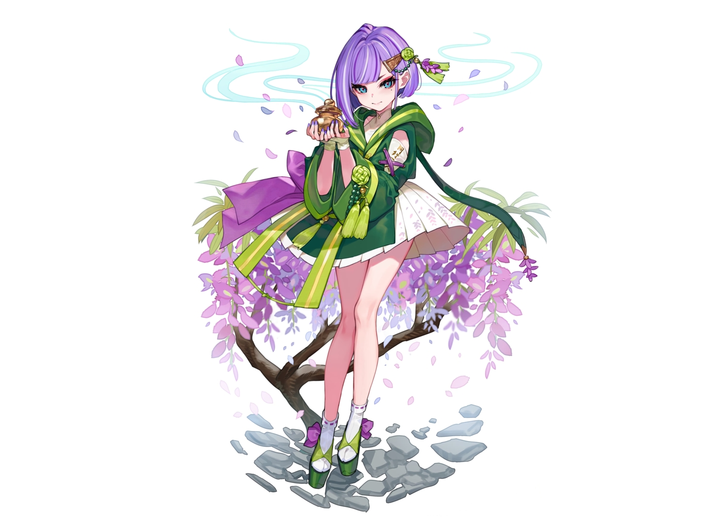 aqua_eyes, dress, flowers, gloves, hood, japanese_clothes, omuro_musume, petals, purple_hair, short_hair, socks, third-party_edit, white, yuu_(higashi_no_penguin)