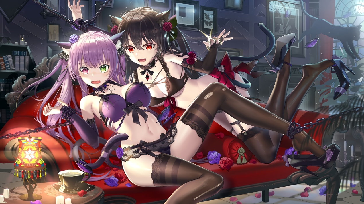 2girls, animal_ears, bondage, breasts, catgirl, cleavage, garter_belt, mango_cat, mysteria_~occult_shadows~, tail