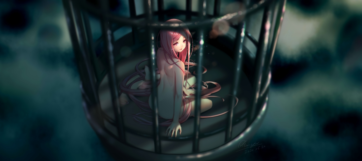 ass, cage, long_hair, nana_mikoto, nude, original, pink_eyes, pink_hair