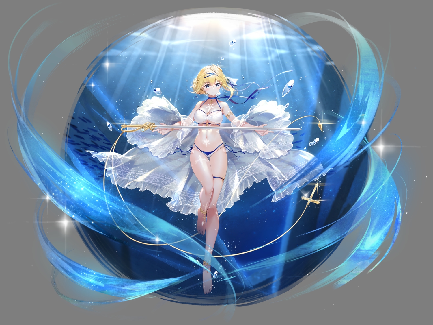 anthropomorphism, azur_lane, barefoot, bikini, blonde_hair, blush, jeanne_d'arc_(azur_lane), maya_g, navel, short_hair, swimsuit, sword, transparent, underwater, water, weapon