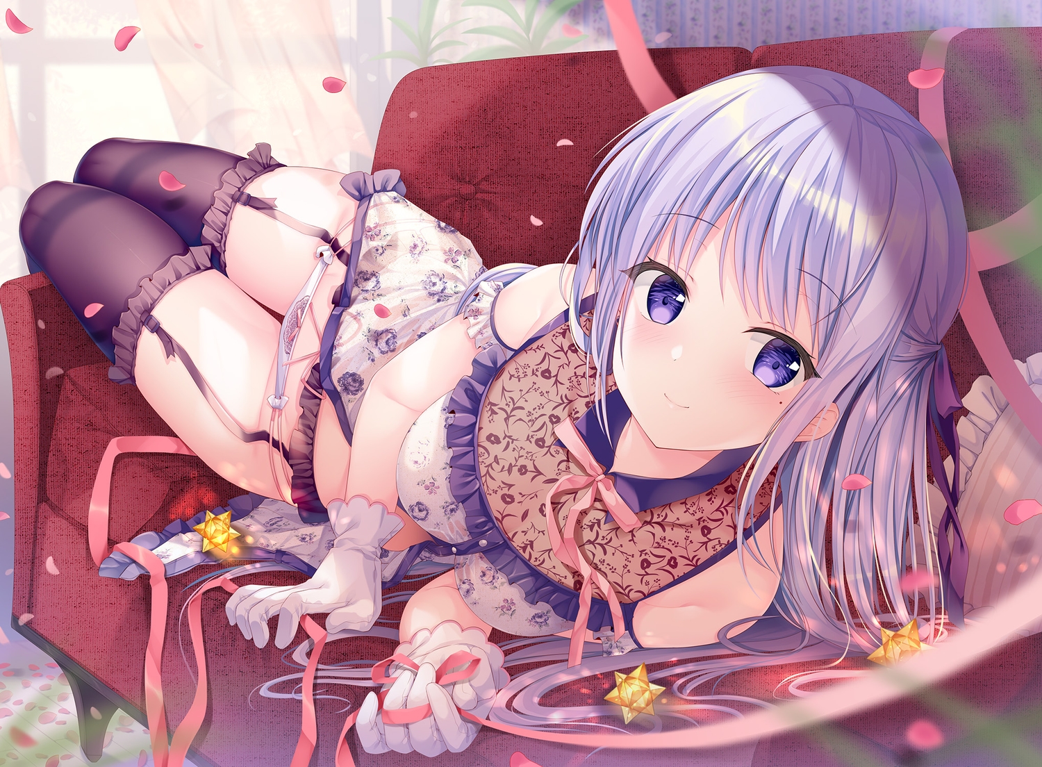 blue_eyes, blue_hair, blush, garter_belt, gloves, hiiragi_asuka, long_hair, original, panties, petals, ribbons, sousouman, stockings, underwear