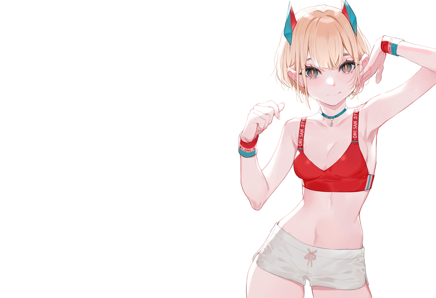 black_eyes, blonde_hair, breasts, choker, cleavage, horns, navel, original, short_hair, shorts, sports_bra, white, wristwear, yuu_(higashi_no_penguin)