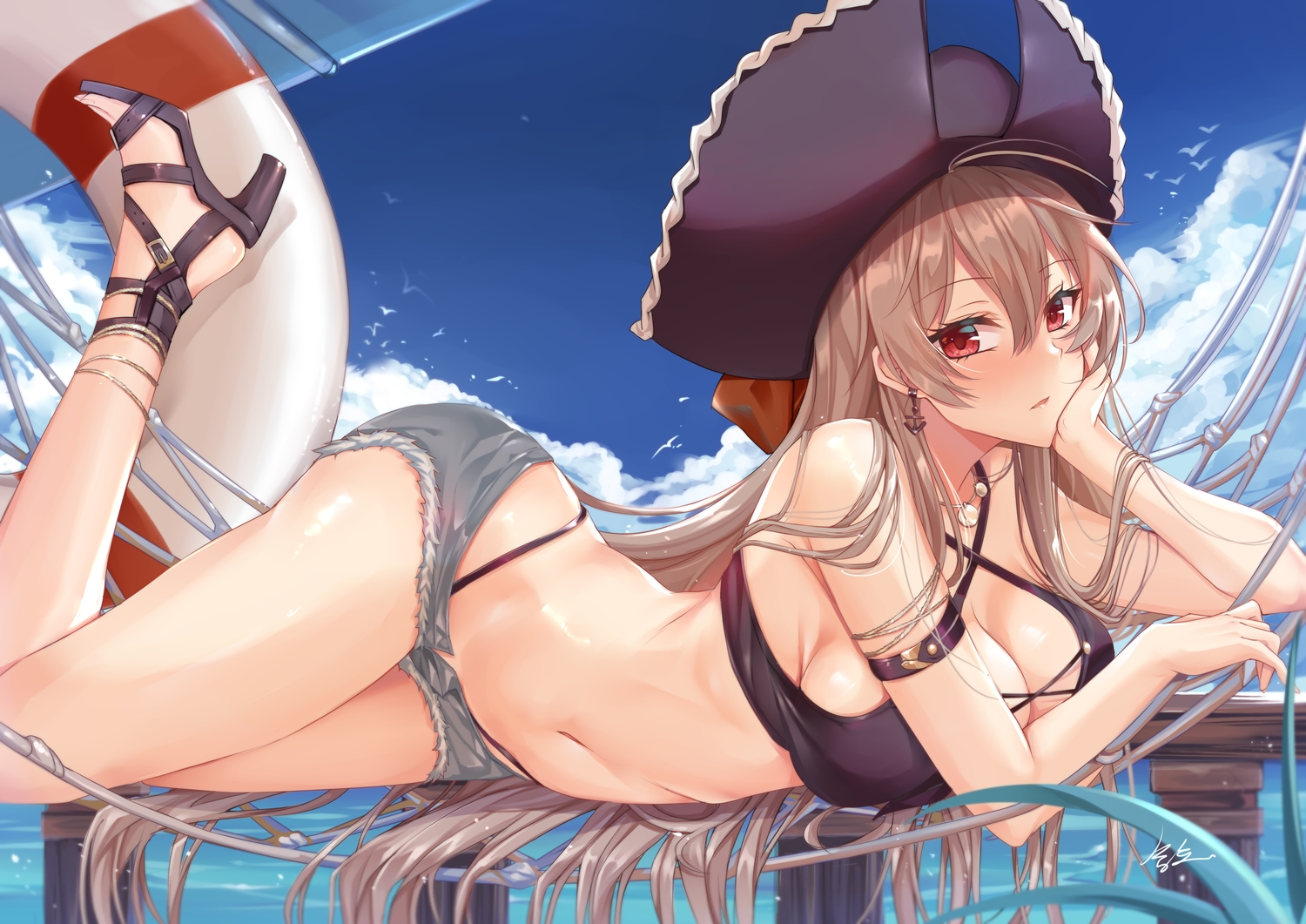 animal, anthropomorphism, azur_lane, bikini, bird, blush, brown_hair, clouds, gu_li, hat, jean_bart_(azur_lane), jpeg_artifacts, long_hair, navel, necklace, red_eyes, shorts, signed, sky, swim_ring, swimsuit, water