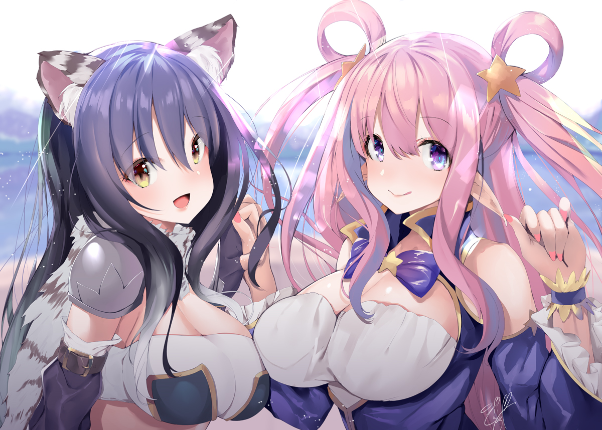 2girls, breasts, cleavage, kashiwazaki_hatsune, kashiwazaki_shiori, noto_kurumi, princess_connect!, signed