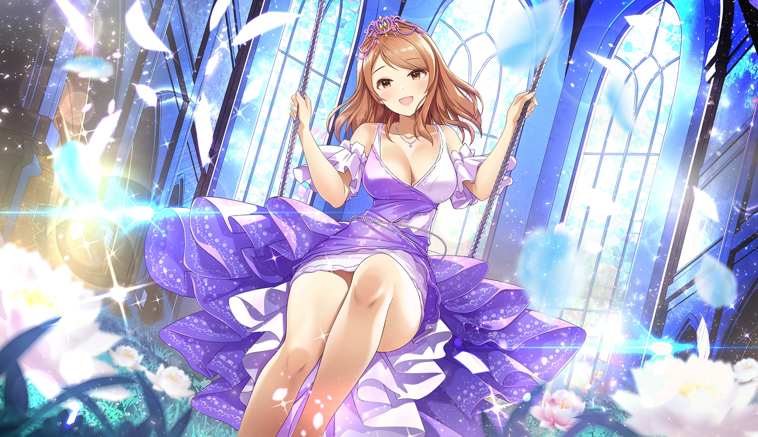 blush, breasts, brown_eyes, brown_hair, cleavage, dress, flowers, houjou_karen