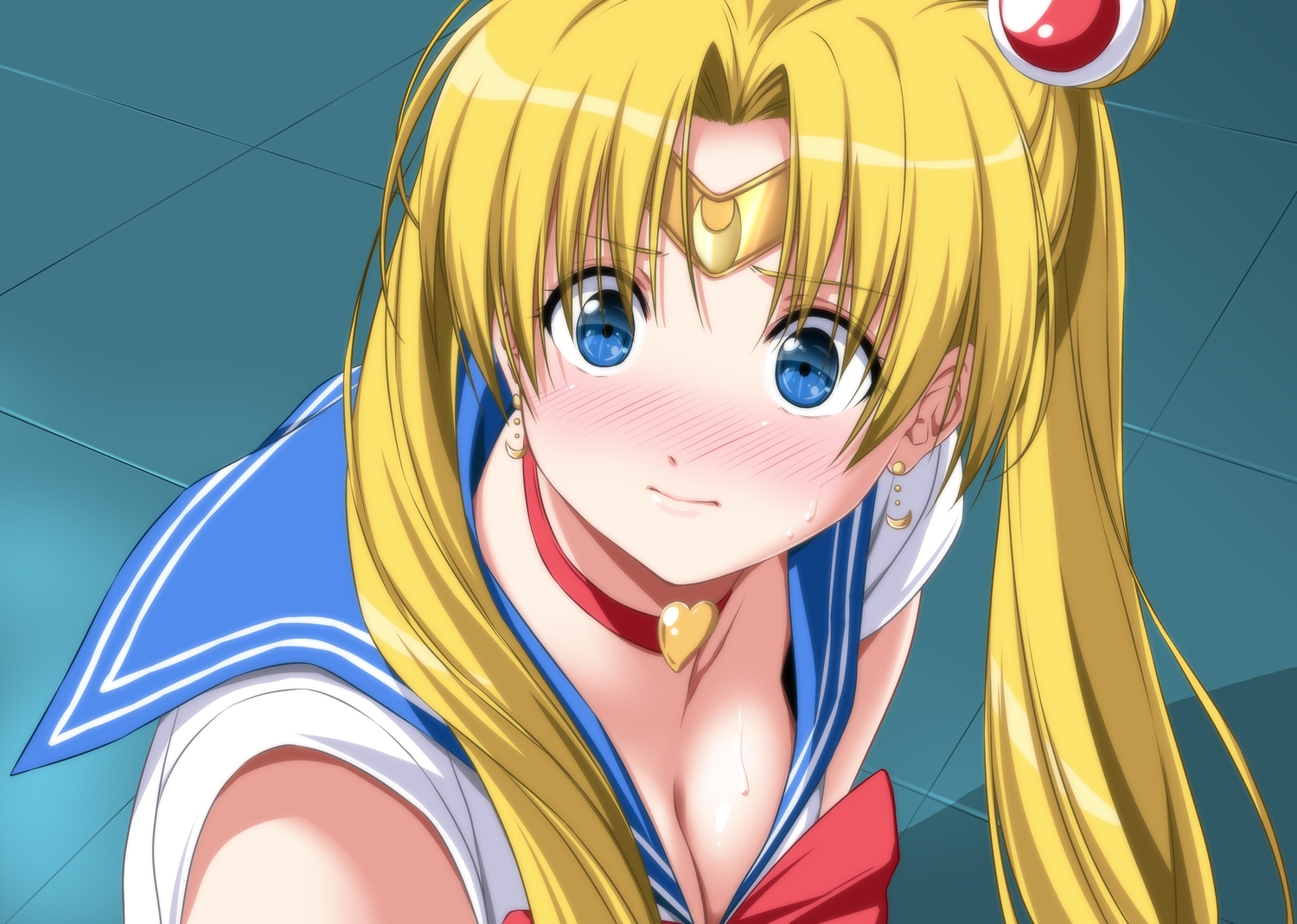 blonde_hair, blue_eyes, breasts, choker, cleavage, close, headband, long_hair