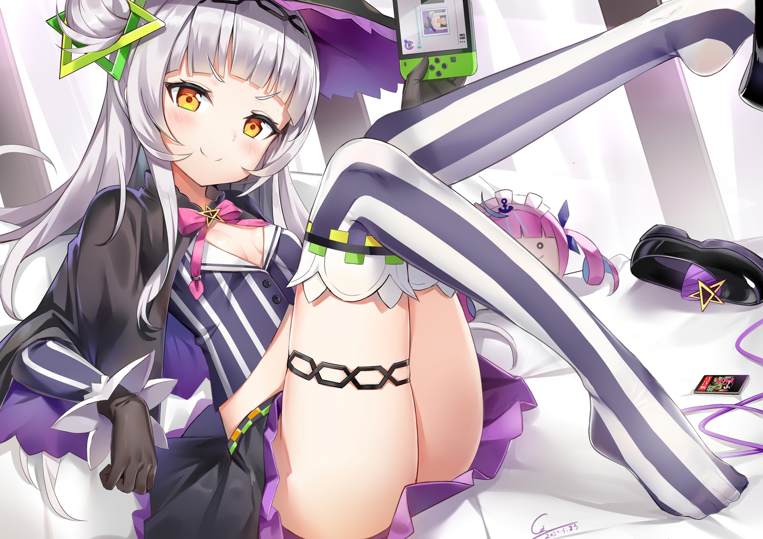blush, bow, brown_eyes, cape, dress, game_console, ginn_(hzh770121), gloves
