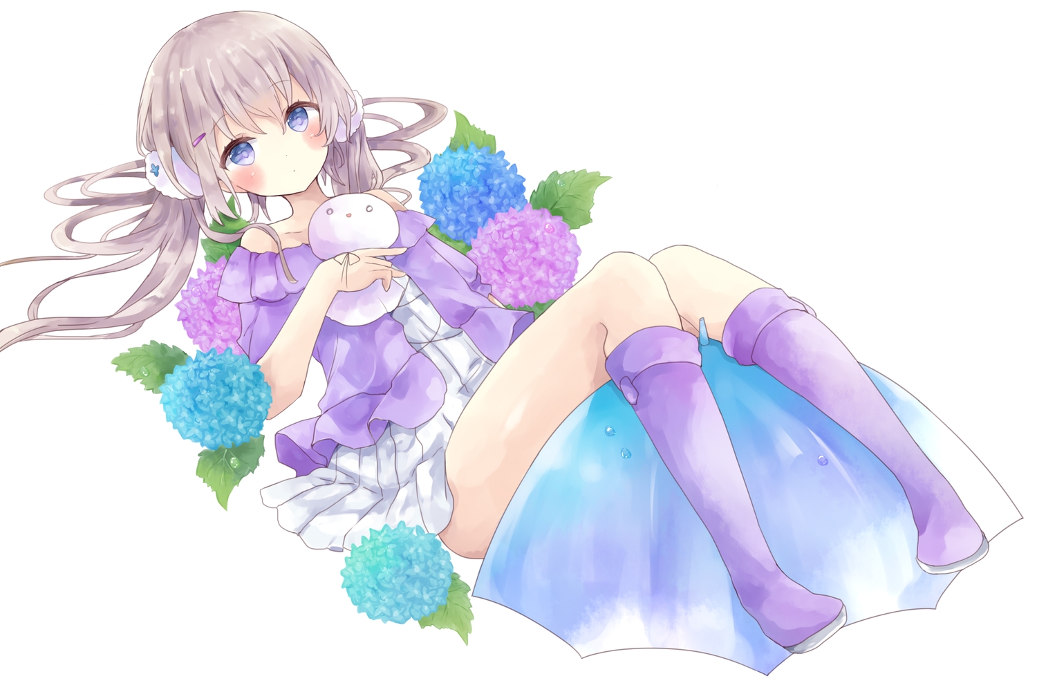 blue_eyes, blush, brown_hair, dress, flowers, long_hair, original, tsukiyo_(skymint)