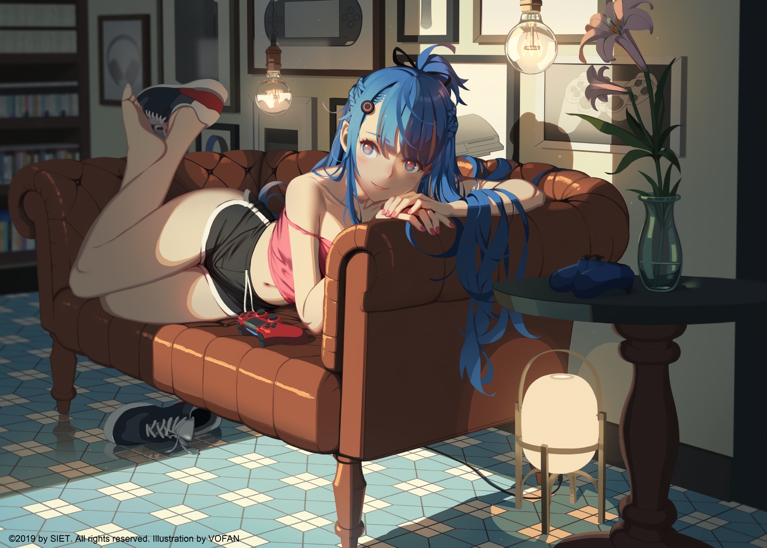 ai-chan_(playstation), barefoot, blue_eyes, blue_hair, blush, couch, flowers, long_hair