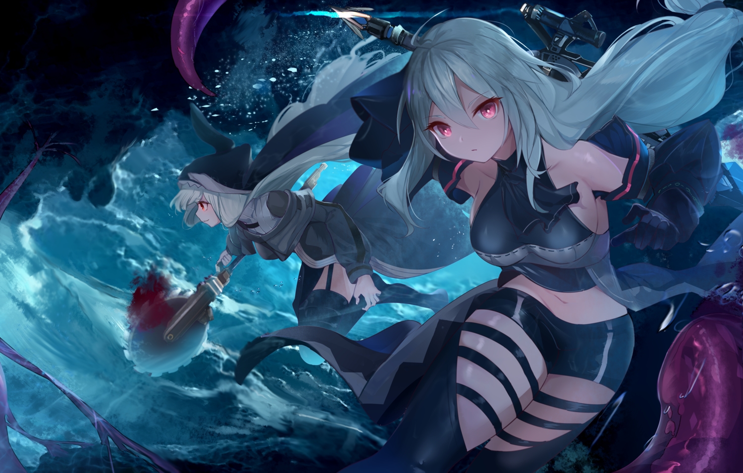 2girls, arknights, garter, garter_belt, kananote, nun, skadi_(arknights), specter_(arknights)