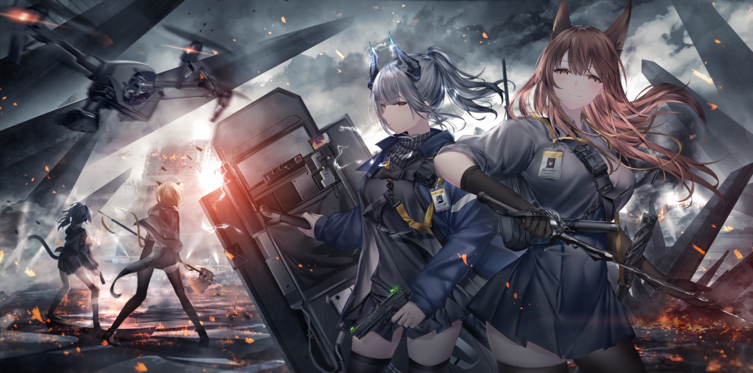 animal_ears, arknights, armor, blush, brown_eyes, brown_hair, clouds, elbow_gloves, foxgirl, franka_(arknights), gloves, gray_hair, group, gun, horns, jessica_(arknights), junpaku_karen, liskam_(arknights), long_hair, ponytail, short_hair, skirt, sky, staff, sword, tail, thighhighs, vanilla_(arknights), weapon