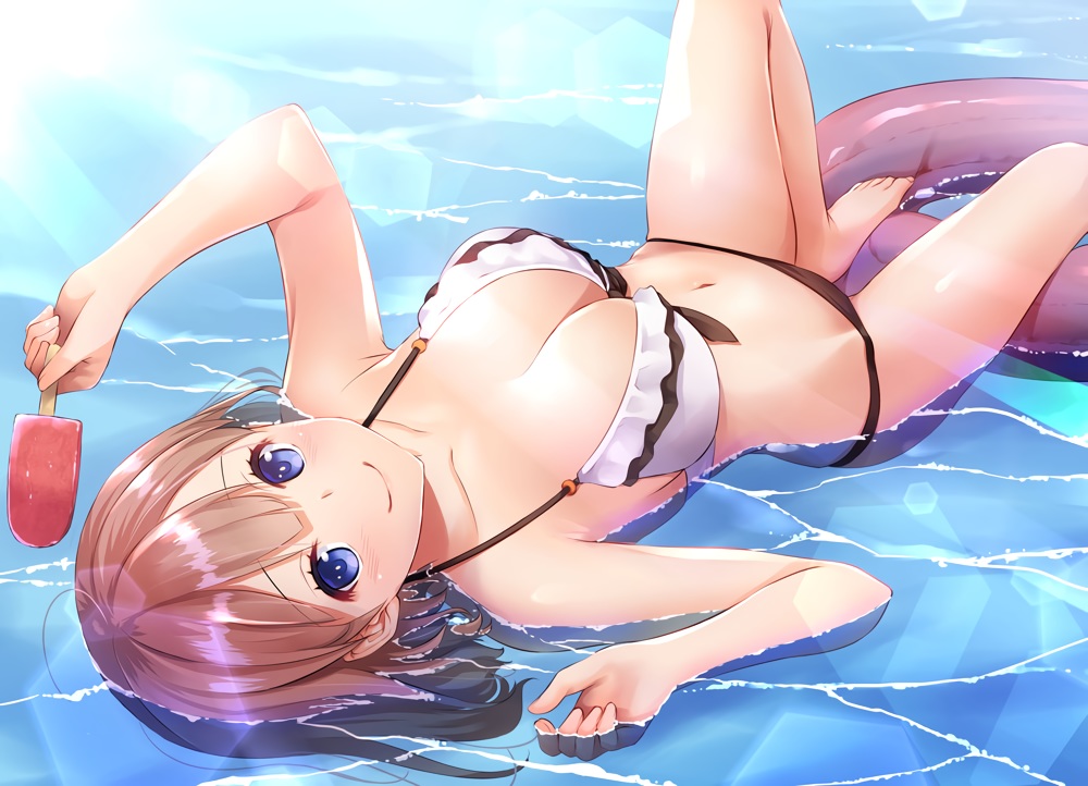 barefoot, bikini, blue_eyes, blush, breasts, brown_hair, cleavage, food