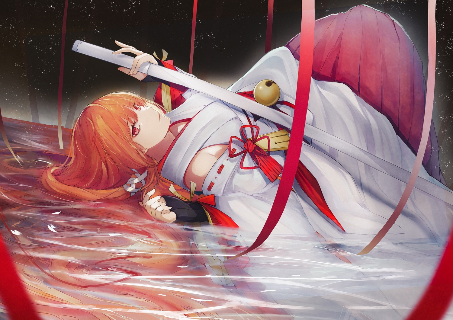 bell, code:_d-blood, japanese_clothes, katana, long_hair, marumoru, miko, orange_hair
