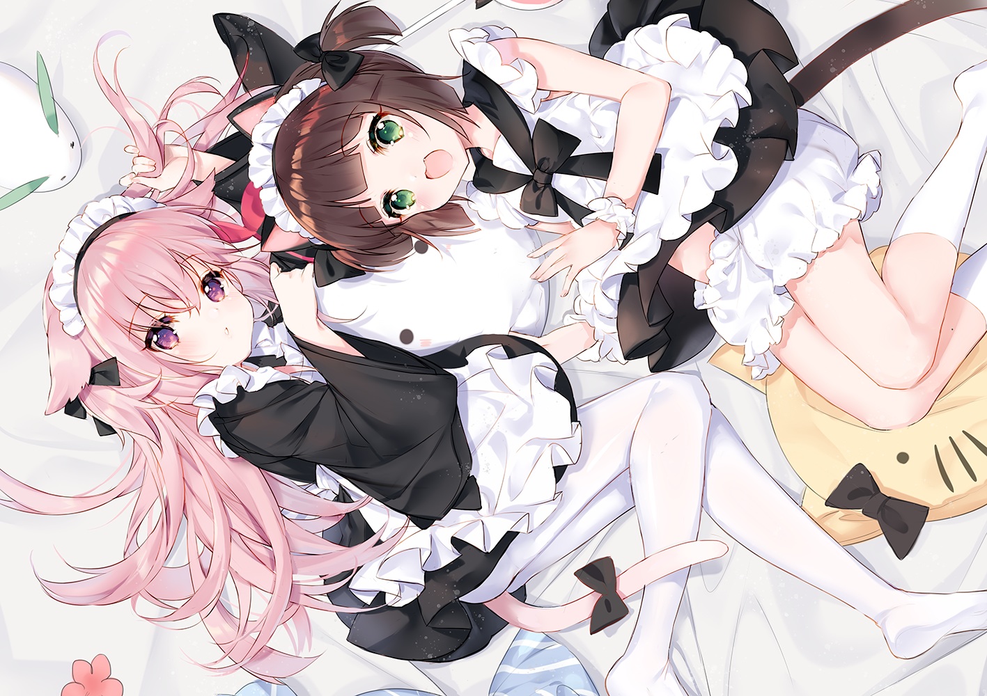 2girls, animal_ears, anthropomorphism, apron, azur_lane, bloomers, blush, brown_hair