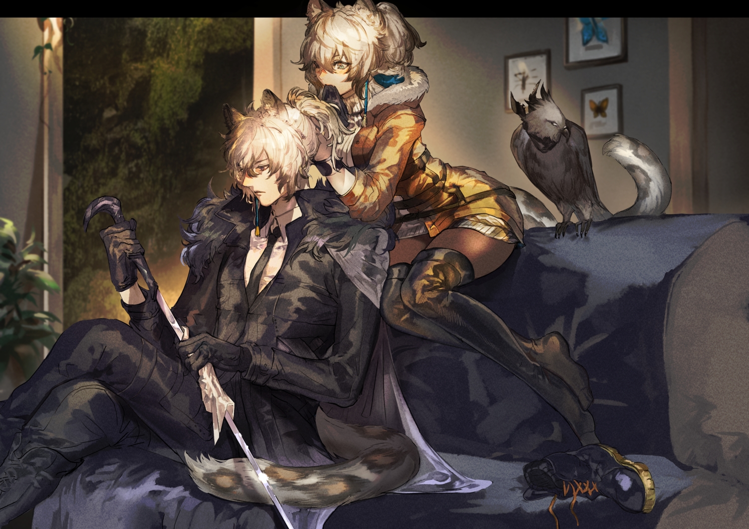 animal, animal_ears, arknights, bird, catboy, catgirl, cliffheart_(arknights), gray_eyes, irorigumi, ponytail, short_hair, silverash_(arknights), tail, white_hair, zettai_ryouiki