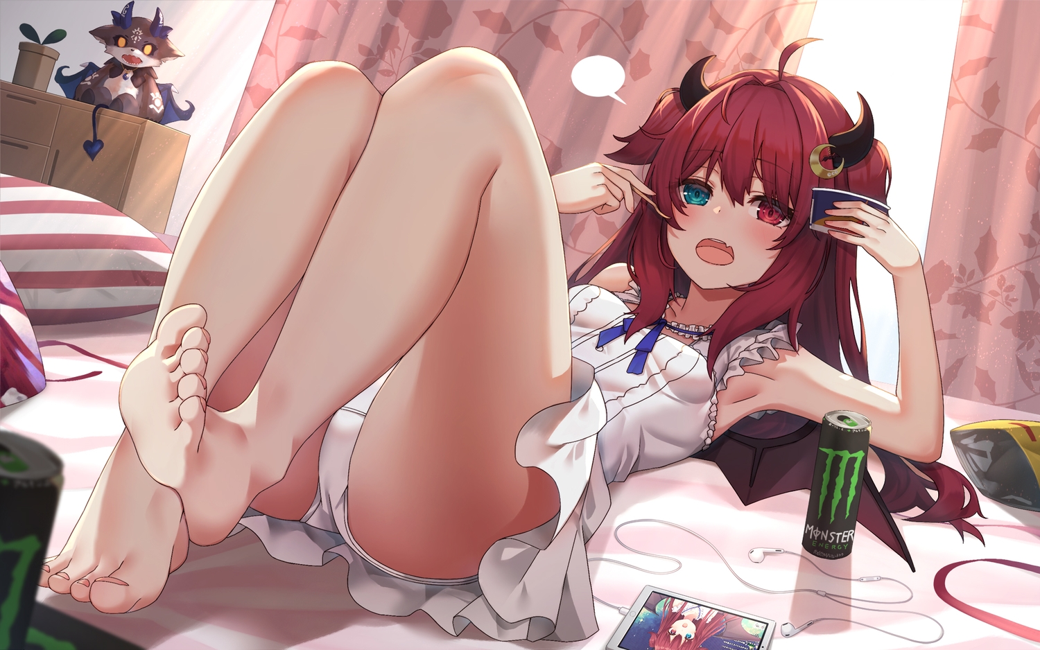 ashisi, barefoot, bed, bicolored_eyes, blush, debidebi_debiru, demon, dress, drink, fang, headphones, horns, long_hair, nijisanji, panties, red_hair, underwear, wings, yuzuki_roa