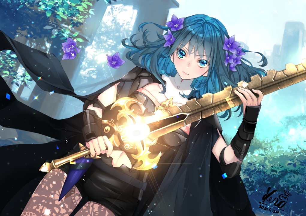 armor, blush, byleth_(female), cape, fire_emblem, flowers, green_eyes, green_hair