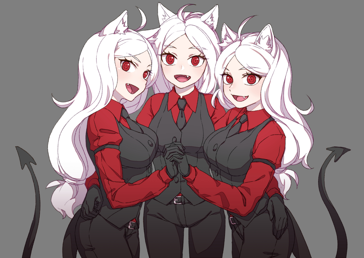 aesice, animal_ears, cerberus_(helltaker), doggirl, fang, gloves, gray, helltaker, long_hair, red_eyes, suit, tail, tie, white_hair