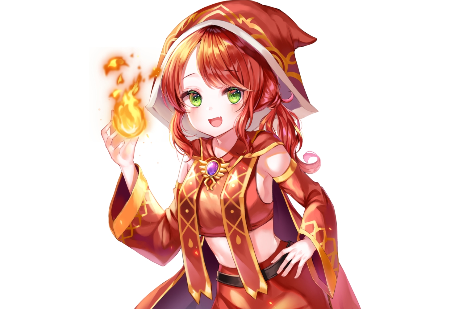 blush, cape, cropped, fang, fire, green_eyes, hood, magic, maplestory, oz_(maplestory), ponytail, red_hair, skirt, white, yam_(dr_yammy)