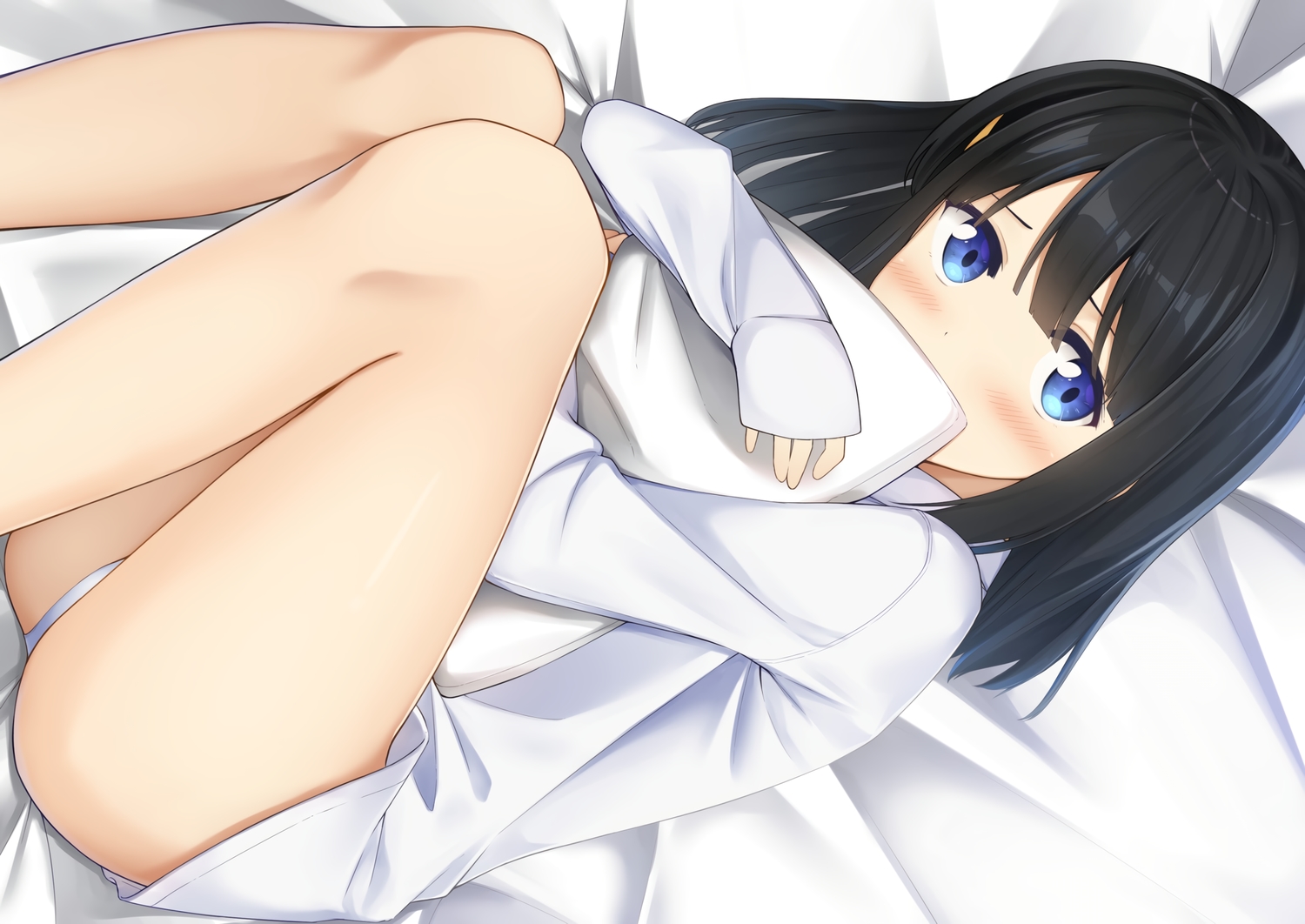 apollo_(hu_maple), ass, bed, black_hair, blue_eyes, blush, original, panties, shirt, short_hair, underwear