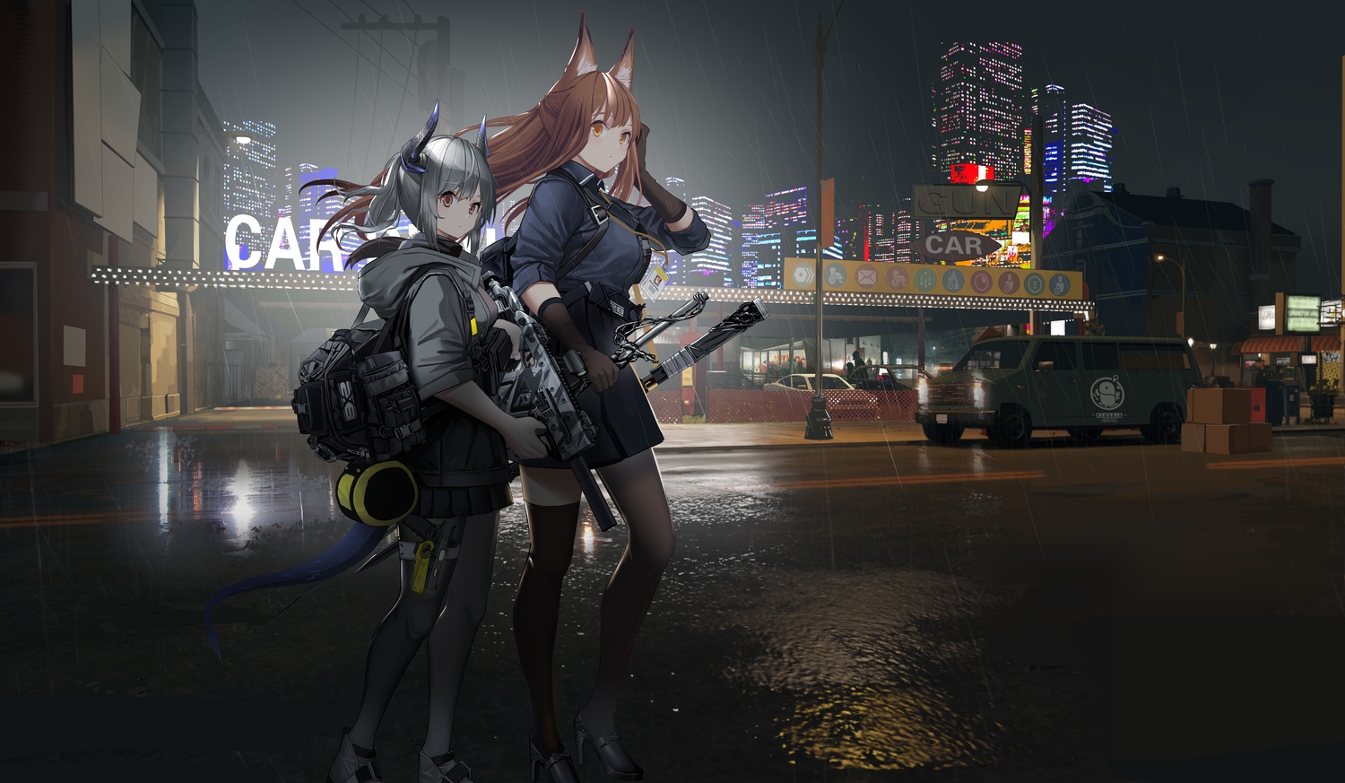 animal_ears, arknights, building, city, foxgirl, franka_(arknights), gun, hamachi_hazuki