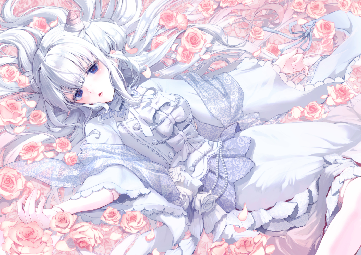 blue_eyes, bow, flowers, japanese_clothes, lolita_fashion, long_hair, misty_cj, original, rose, white_hair