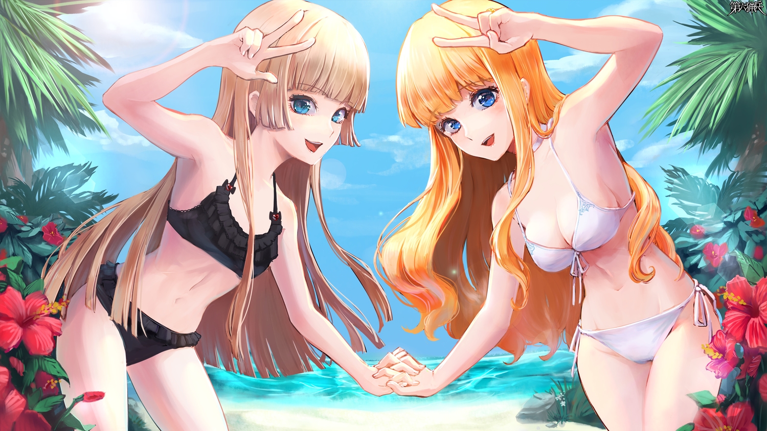 2girls, bikini, blonde_hair, blue_eyes, flat_chest, jaeger_sixth, logo, long_hair