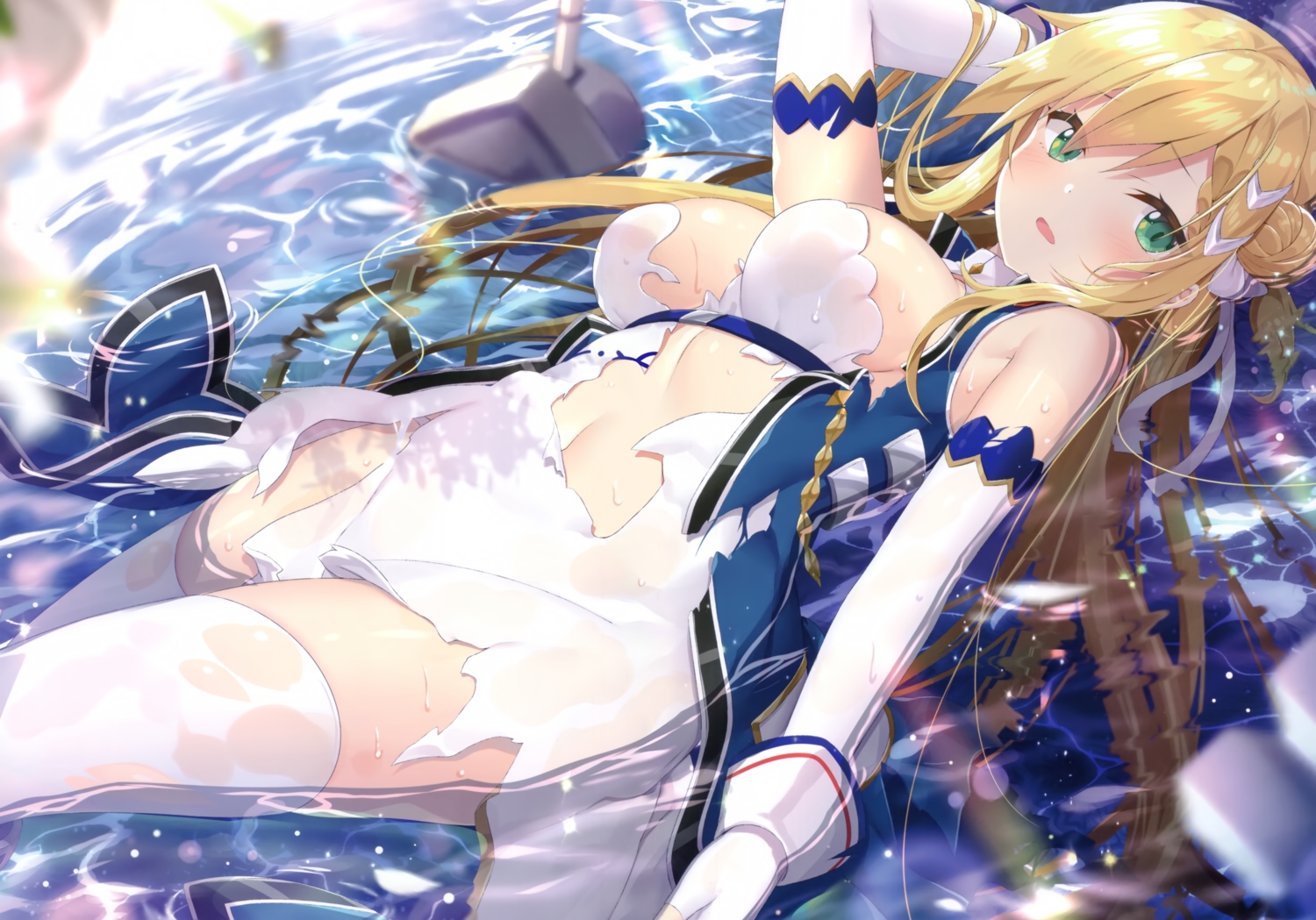 anthropomorphism, azur_lane, blonde_hair, breasts, dress, elbow_gloves, forbin_(azur_lane), gloves, green_eyes, long_hair, navel, scan, see_through, thighhighs, torn_clothes, water, yano_mitsuki
