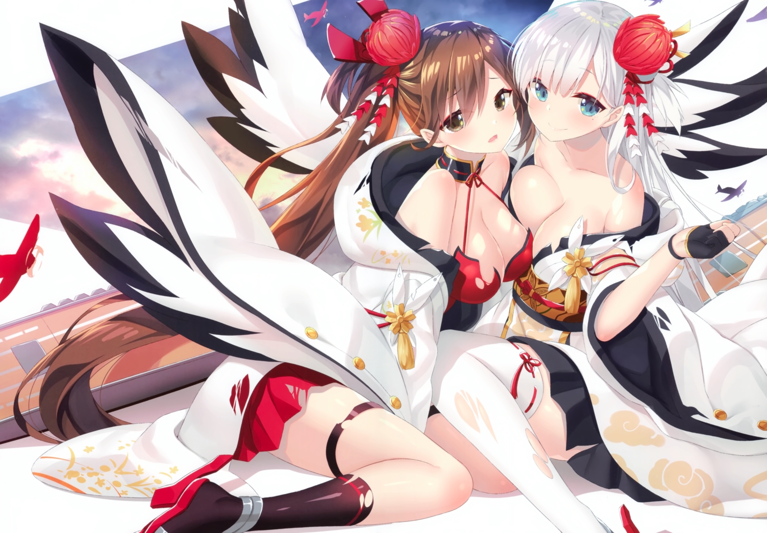 2girls, anthropomorphism, azur_lane, blush, breasts, brown_hair, cleavage, flowers