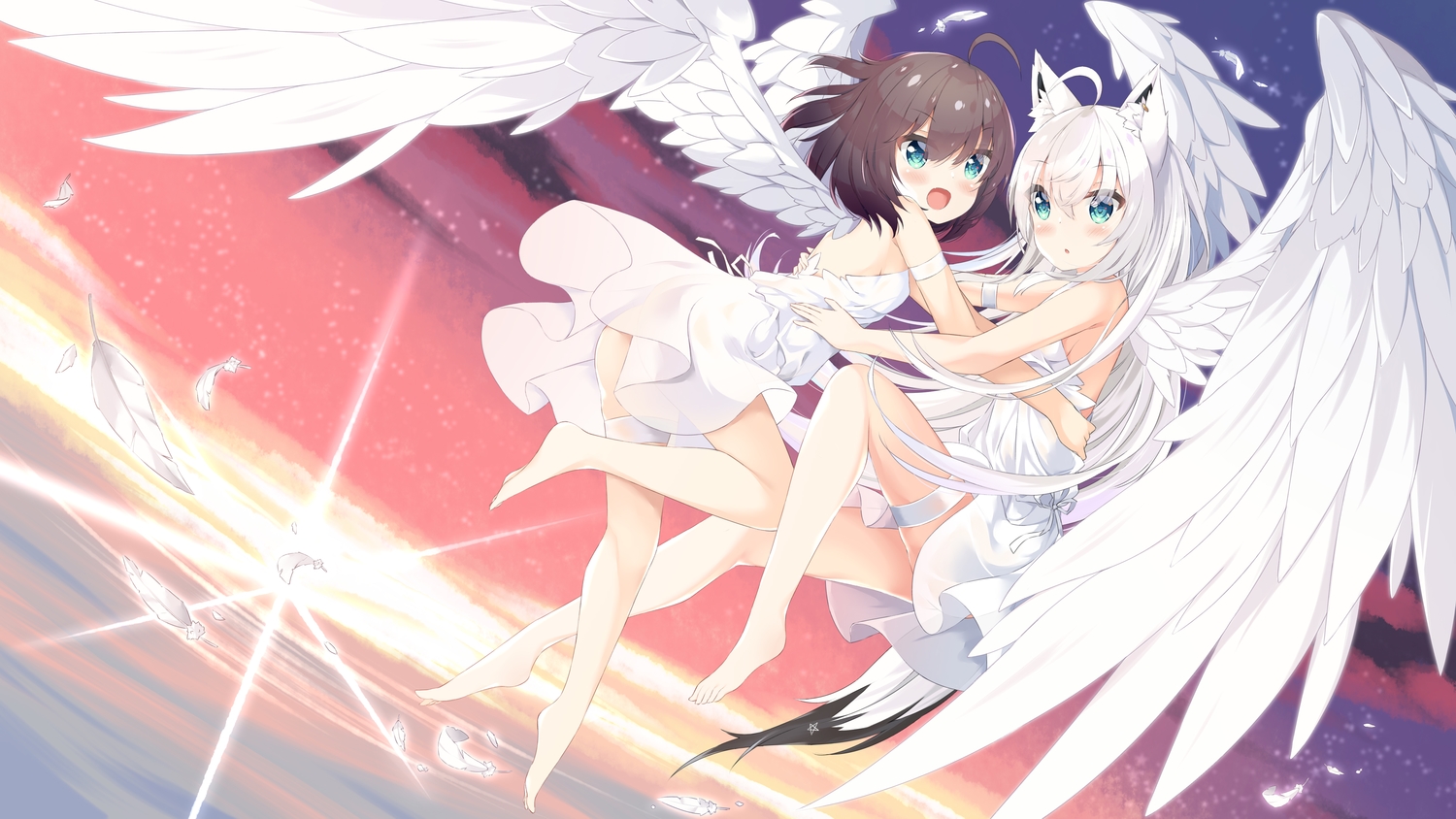 2girls, animal_ears, aqua_eyes, barefoot, blush, brown_hair, dress, fang, feathers, foxgirl, garter, hololive, lr_(last_remote_514), natsuiro_matsuri, shirakami_fubuki, short_hair, sky, stars, summer_dress, sunset, tail, wings