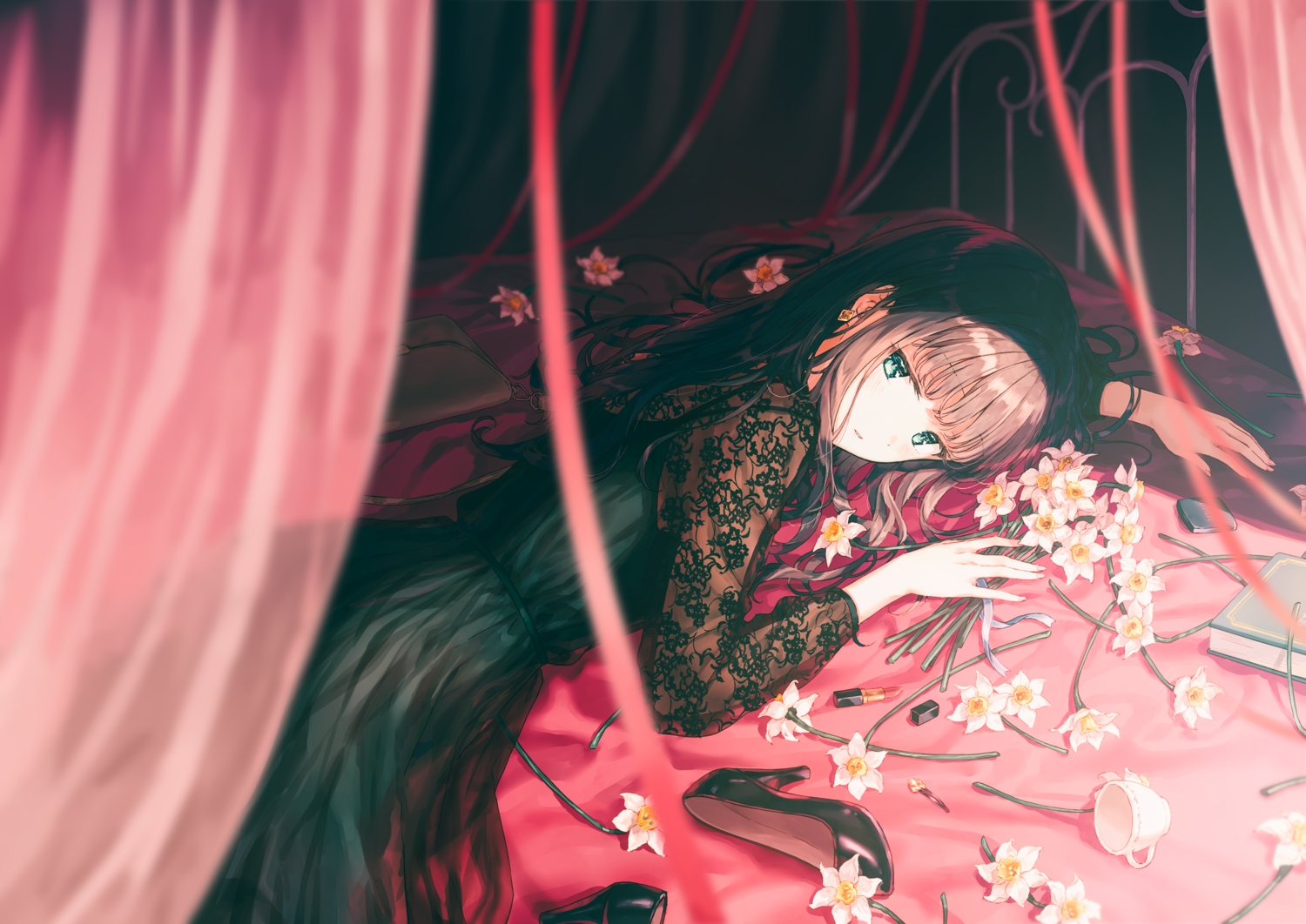 aqua_eyes, bed, book, brown_hair, dress, flowers, green_eyes, hiten_(hitenkei)
