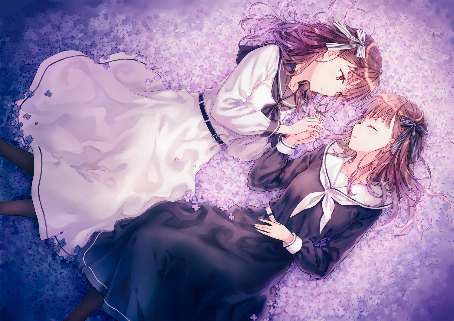 2girls, bow, brown_hair, dress, flowers, hiten_(hitenkei), long_hair, original