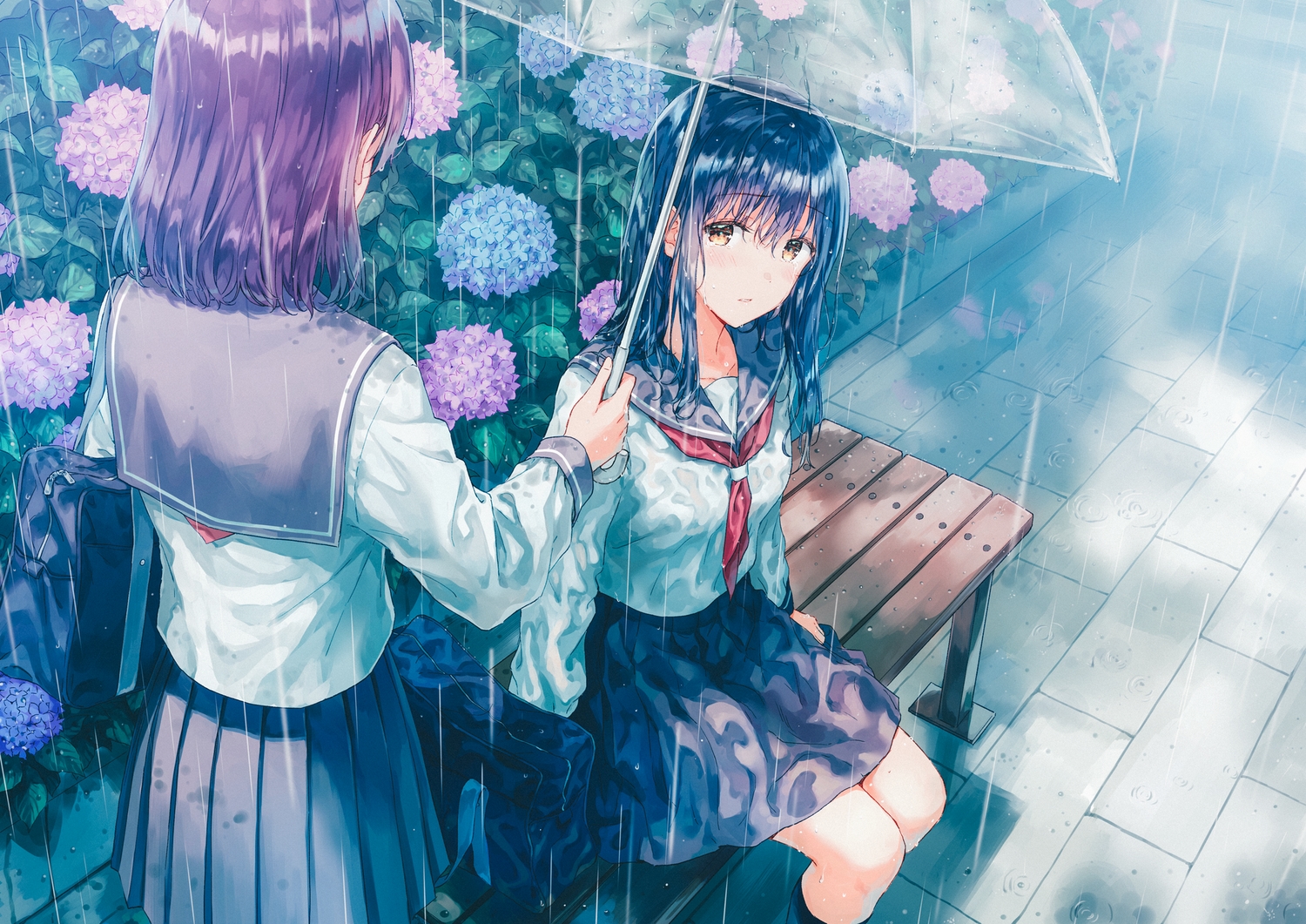 2girls, black_hair, blush, brown_eyes, crying, flowers, hiten_(hitenkei), original