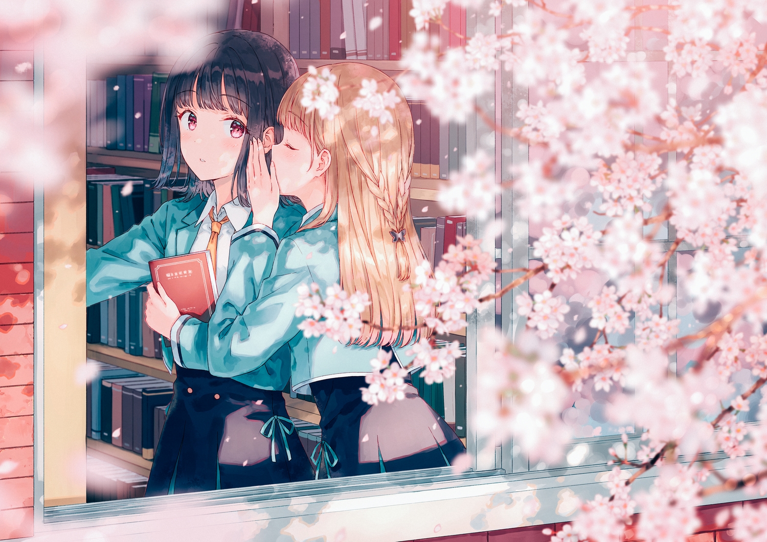 2girls, black_hair, blonde_hair, book, braids, cherry_blossoms, flowers, hiten_(hitenkei)