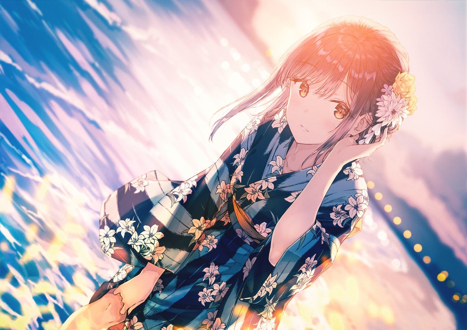 brown_hair, flowers, hiten_(hitenkei), japanese_clothes, orange_eyes, original, sky, sunset, water, yukata