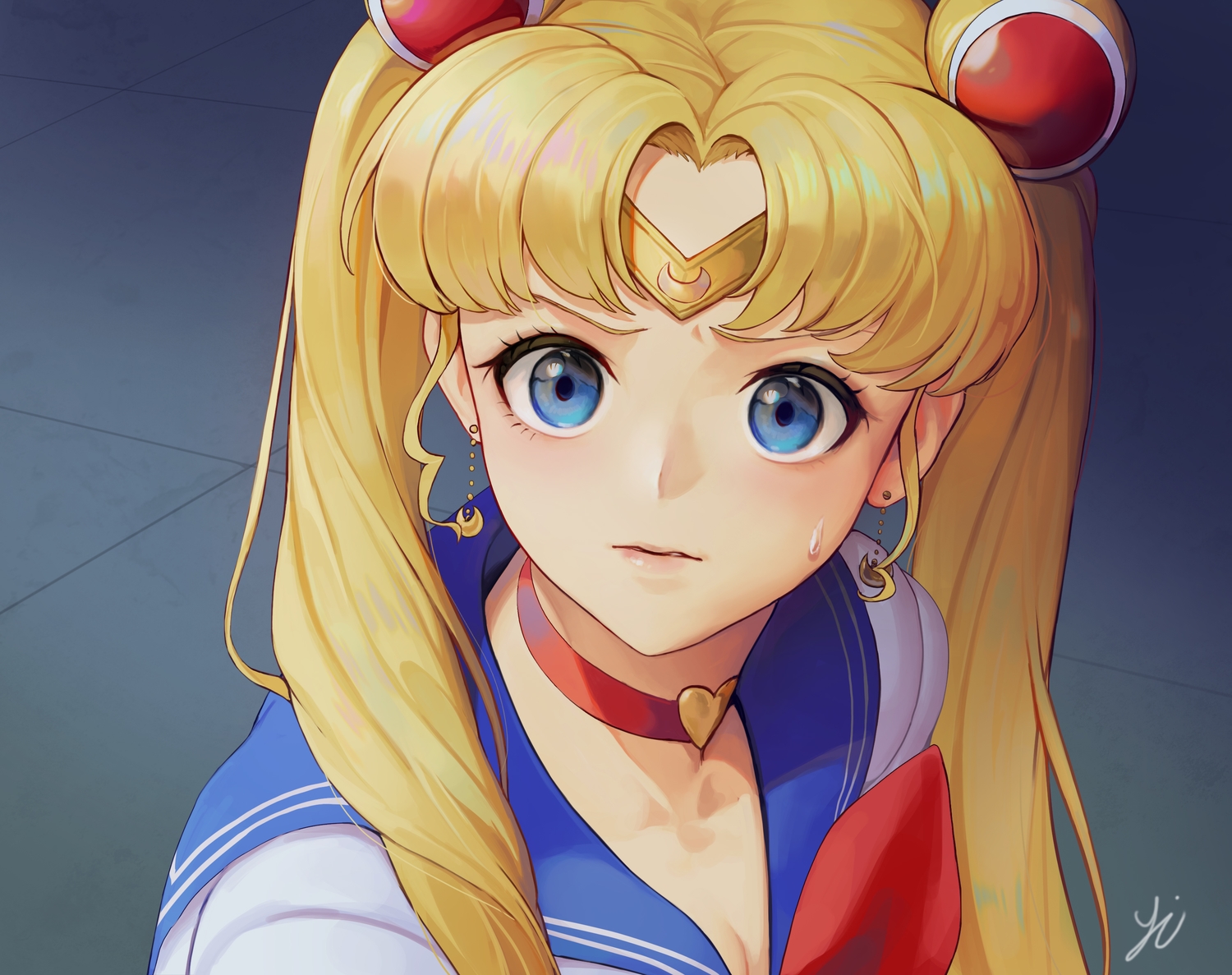 blonde_hair, blue_eyes, choker, close, headband, long_hair, parody, sailor_moon